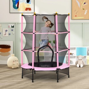 Rosa HOMCOM Kindertrampolin mit Sicherheitsnetz, Mädchen springt. Trampolin für drinnen und draußen.
