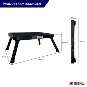 PROREGAL Tritthocker, klappbar, schwarz, mit Maßangaben offen und zusammengeklappt.