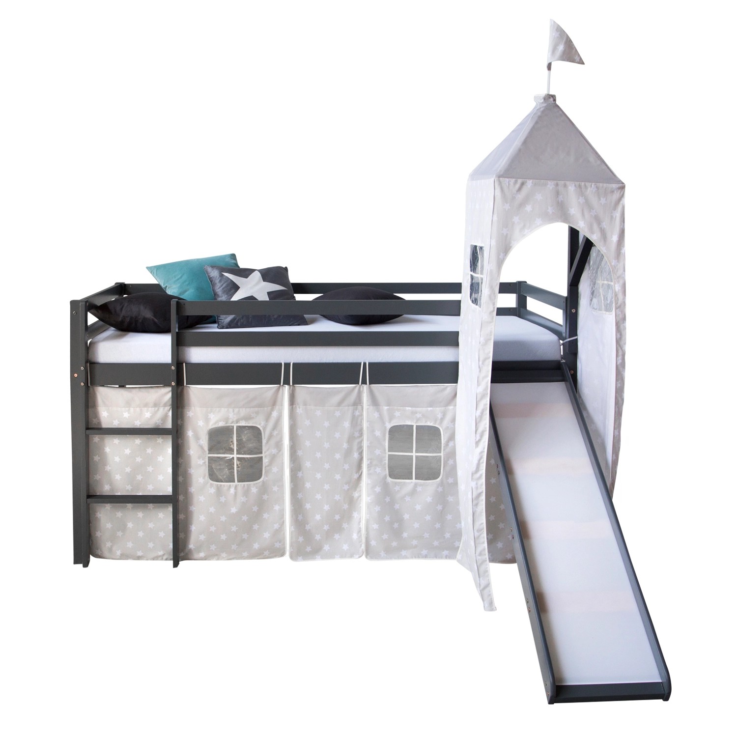 Homestyle4u Hochbett 90x200 mit Vorhang Rutsche und Turm in Grau Sterne 1873