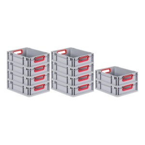 PROREGAL Spar Set: 10 graue Euroboxen mit roten Griffen, 11 Liter, als Transport- und Aufbewahrungsboxen.