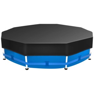 Sekey Poolabdeckung, rund, 305 cm, blaues Becken mit schwarzer Abdeckplane.