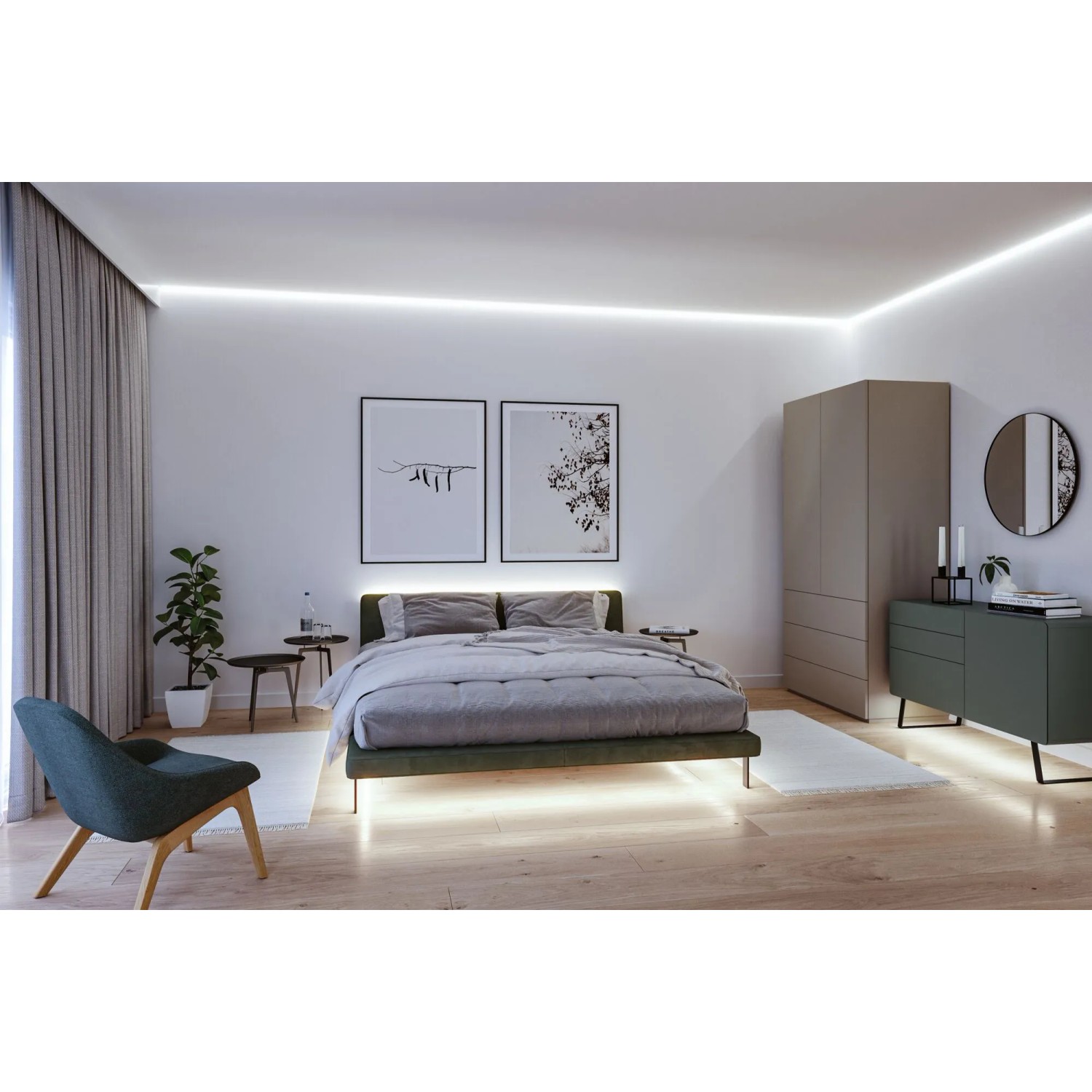 Schlafzimmer mit indirekter Beleuchtung durch Paulmann LED-Strip MaxLED 1000 COB.