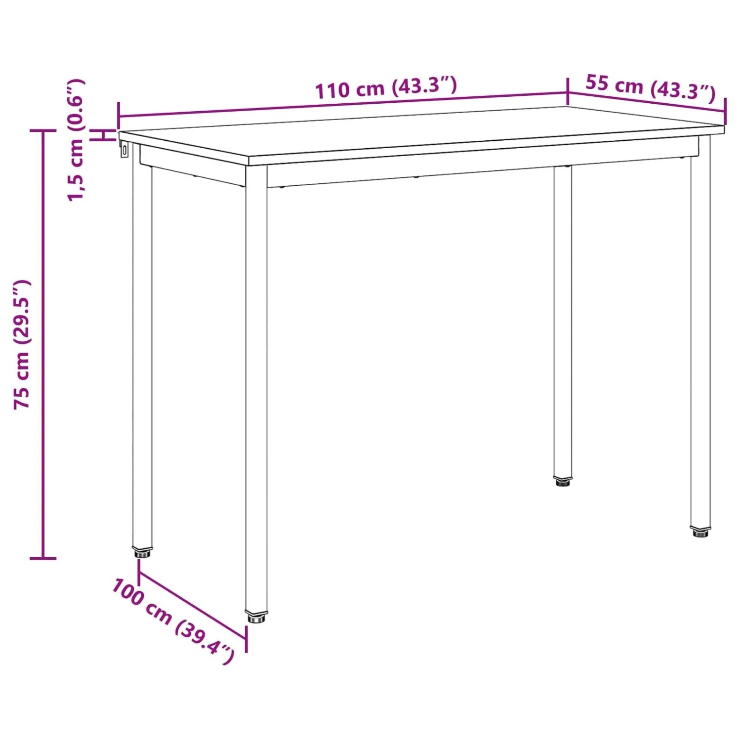 Rechteckiger vidaXL Esstisch aus Metall mit Maßen: 110 cm Länge, 55 cm Breite, 75 cm Höhe.