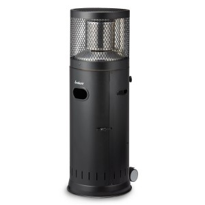 Enders Terrassenheizer Polo Black 2.0: Kompakter, schwarzer Heizstrahler mit Rollen für den Außenbereich.