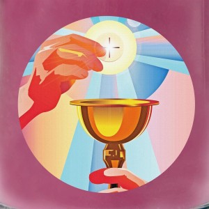 Lila HS Candle Duftkerze Kommunion mit Kelch und Hostie Motiv.