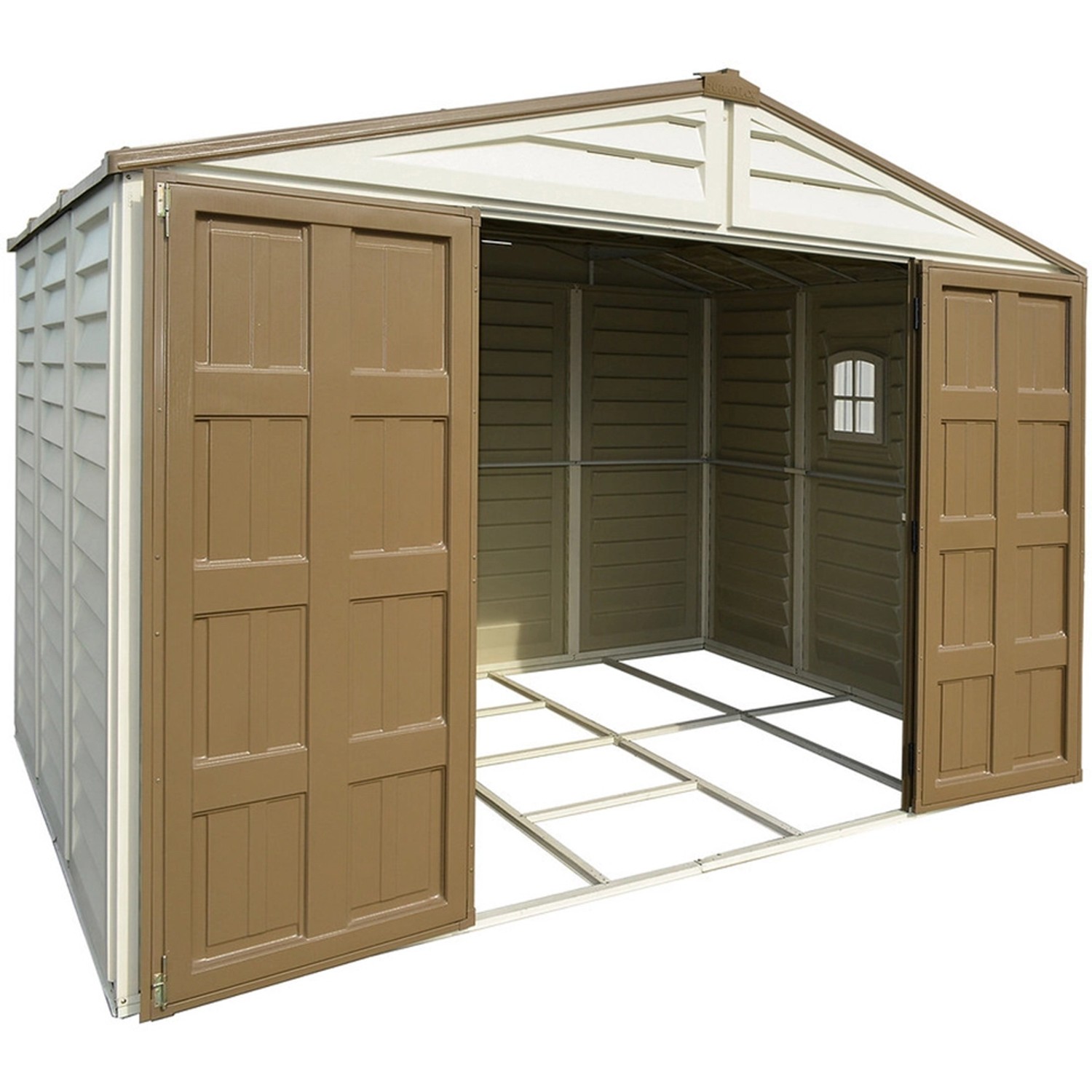 Duramax Kunststoff-Gartenhaus WoodBridge Plus, 7,6 m², mit Doppeltür und Fenster.
