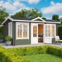 Lasita Gartenhaus Windsor 44, grau-grün, mit Doppeltür und Fenstern im Garten.