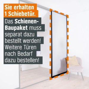 Schiebetür-Baupaket mit schwarzem Profil und weiß-schwarzem Dekor, geeignet für begehbare Schränke und Raumteiler.