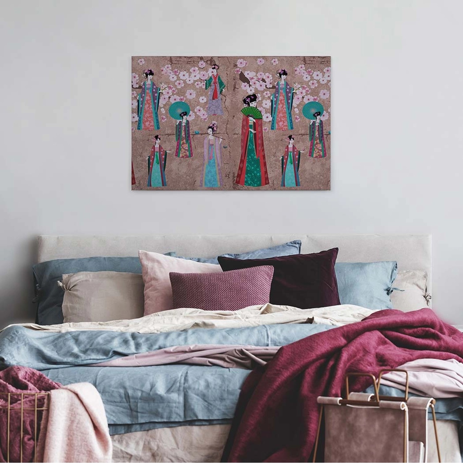 Bricoflor Wandbild Im Japan Stil Mit Kimono Und Kirschblüten Buntes Leinwand Bild Asien Motiv Moderne Canvas Leinwand Im