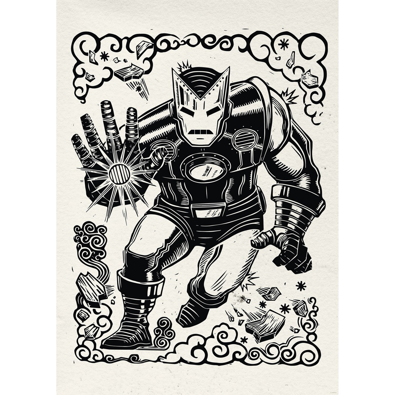 Komar Wandbild Marvel Iron Man Lino-Cut 50 cm x 70 cm Schwarz-Weiß günstig online kaufen