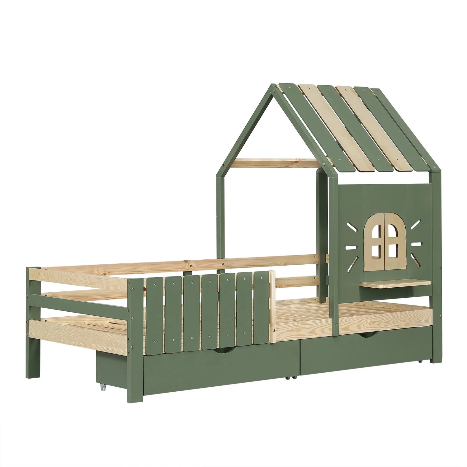 okwish Hausbett 90x200cm mit Dach Fenster und Schubladen Kinderzimmer Grün ohne Matratze