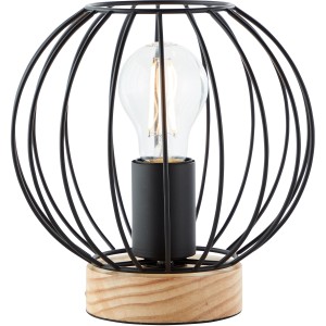 Schwarze Design-Tischlampe Sorana mit Holzelementen und E27 Fassung.