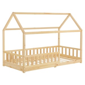 Juskys Kinderbett Marli 90x200 cm, Naturholz, mit Rausfallschutz und Lattenrost im Hausdesign.