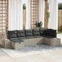 Hellgraues 7-teiliges Garten-Sofa-Set aus Poly Rattan mit Kissen.