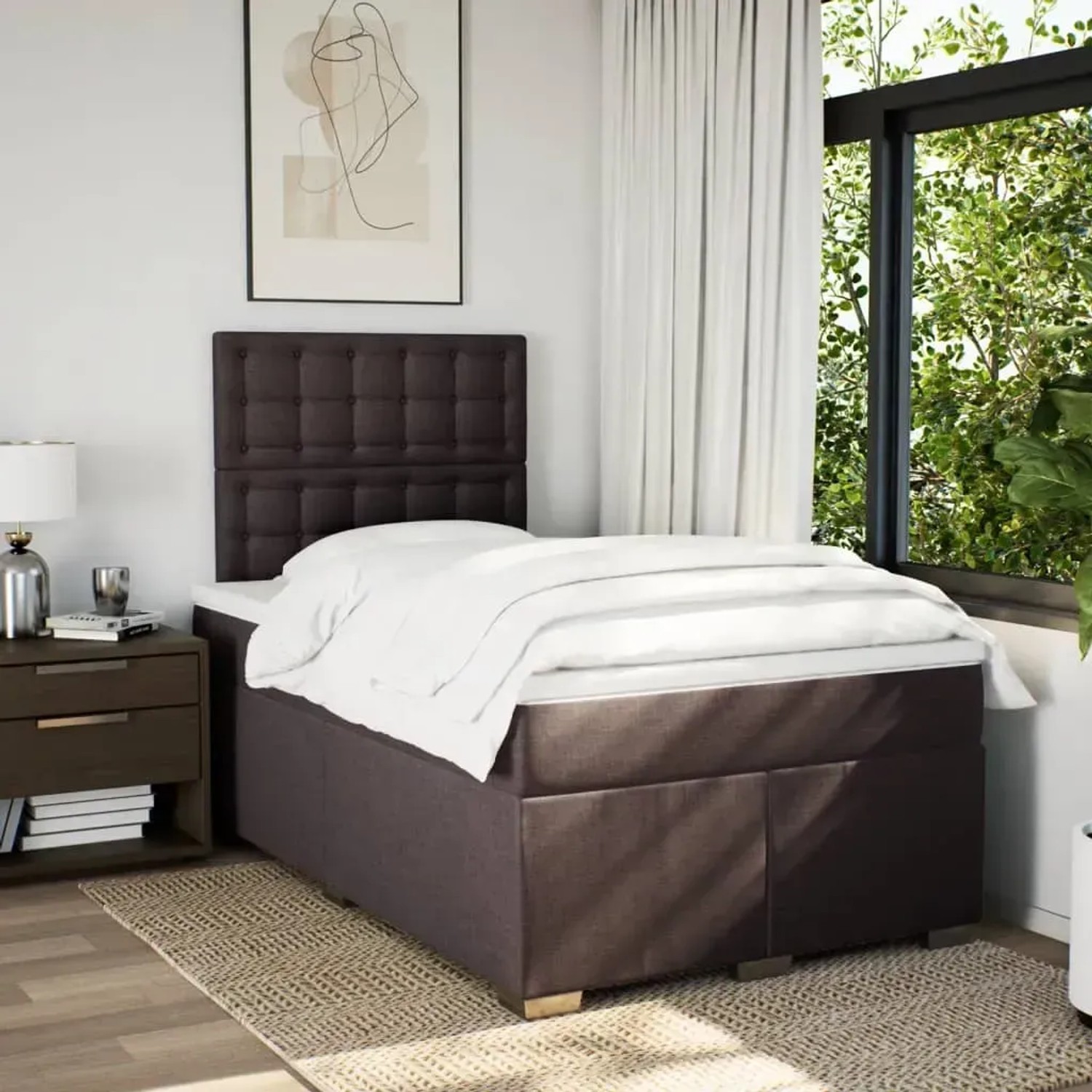 Dunkelbraunes vidaXL Boxspringbett 120x200 cm mit Matratze und Kopfteil.