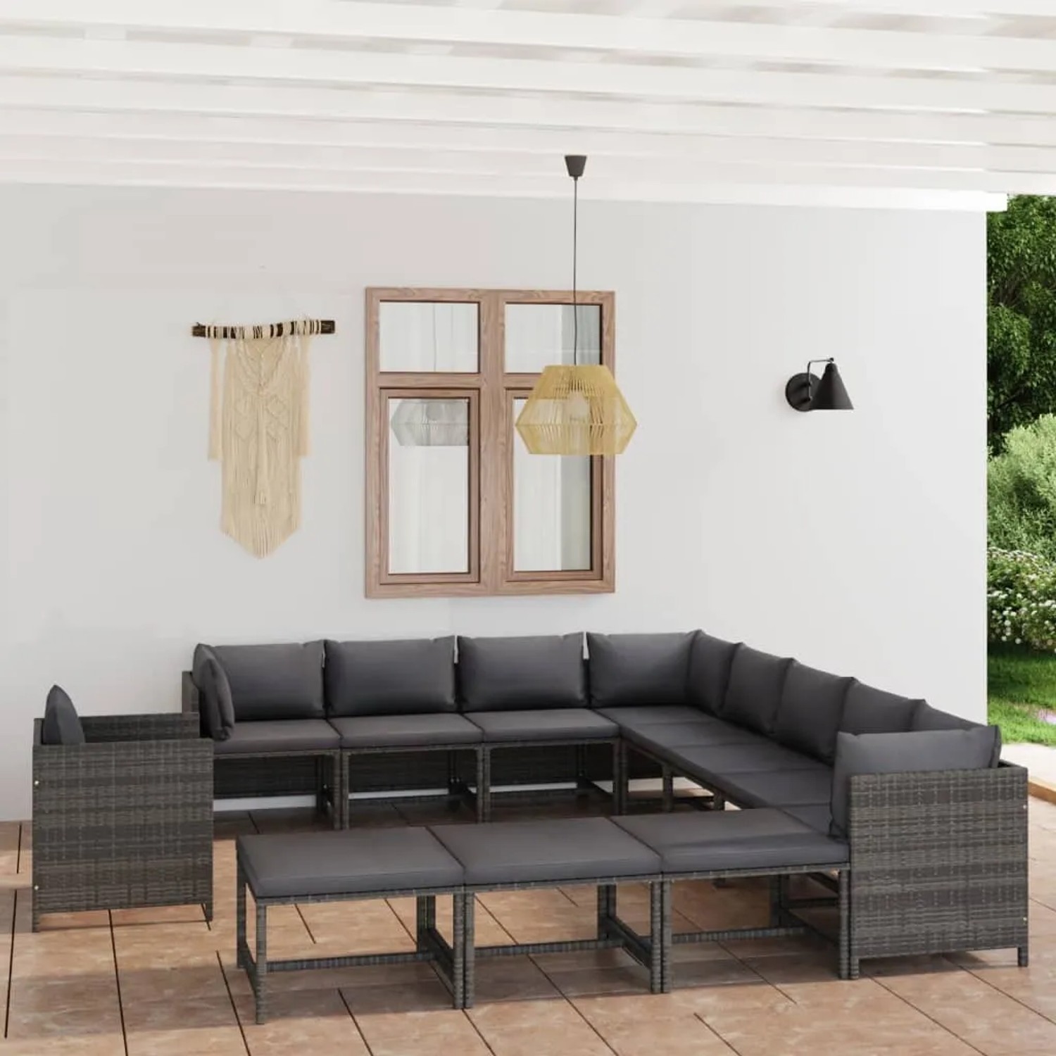 Graues 12-tlg. vidaXL Garten Lounge Set aus Rattan mit anthrazitfarbenen Kissen.