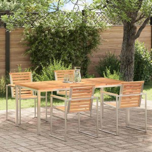 vidaXL Gartentisch aus braunem Teakholz mit silbernem Edelstahlrahmen. Ideal für moderne Outdoor-Essbereiche im Garten.