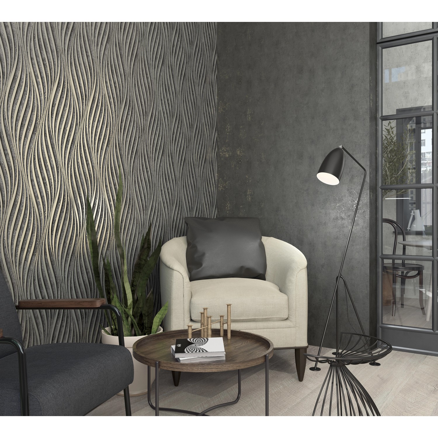 Wohnraum mit Marburg Vliestapete mit Streifenmuster in Schwarz und Silber.