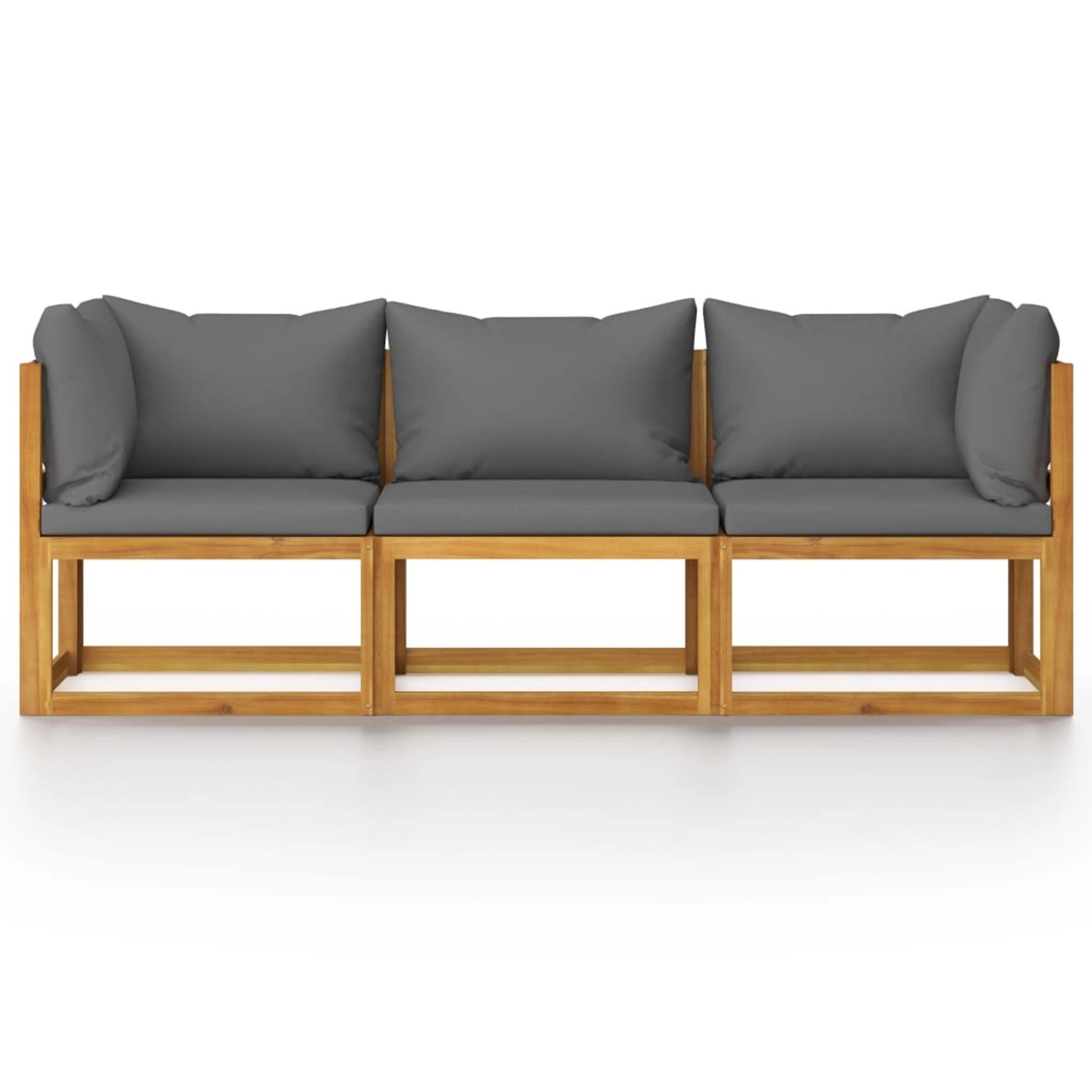 vidaXL 3-Sitzer Gartensofa aus Akazienholz mit grauen Auflagen.