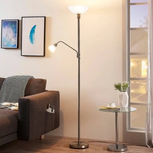 Moderne Lindby Stehlampe Jost aus Alu mit Leseleuchte, 180cm hoch für Wohnzimmer.