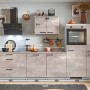 Moderne pino Küchenzeile 300cm in Beton Perlgrau mit Geräten, Spüle und Seitenschrank rechts.