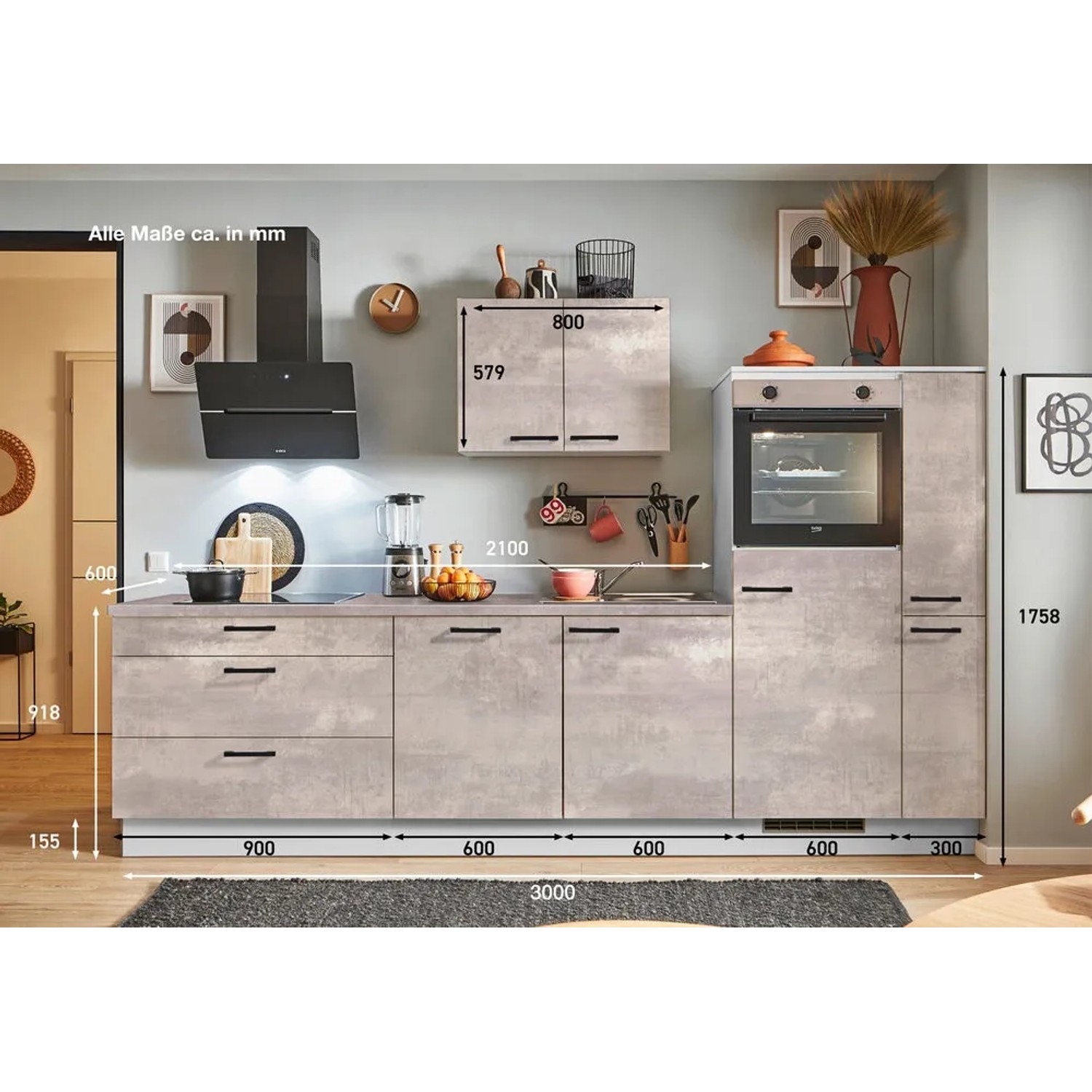 Moderne pino Küchenzeile 300cm in Beton Perlgrau mit Geräten, Spüle und Seitenschrank rechts.