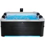 MSpa Frame Whirlpool Oslo mit Hydromassage, schwarze Verkleidung, blaues LED-Licht, gefüllt mit Wasser.