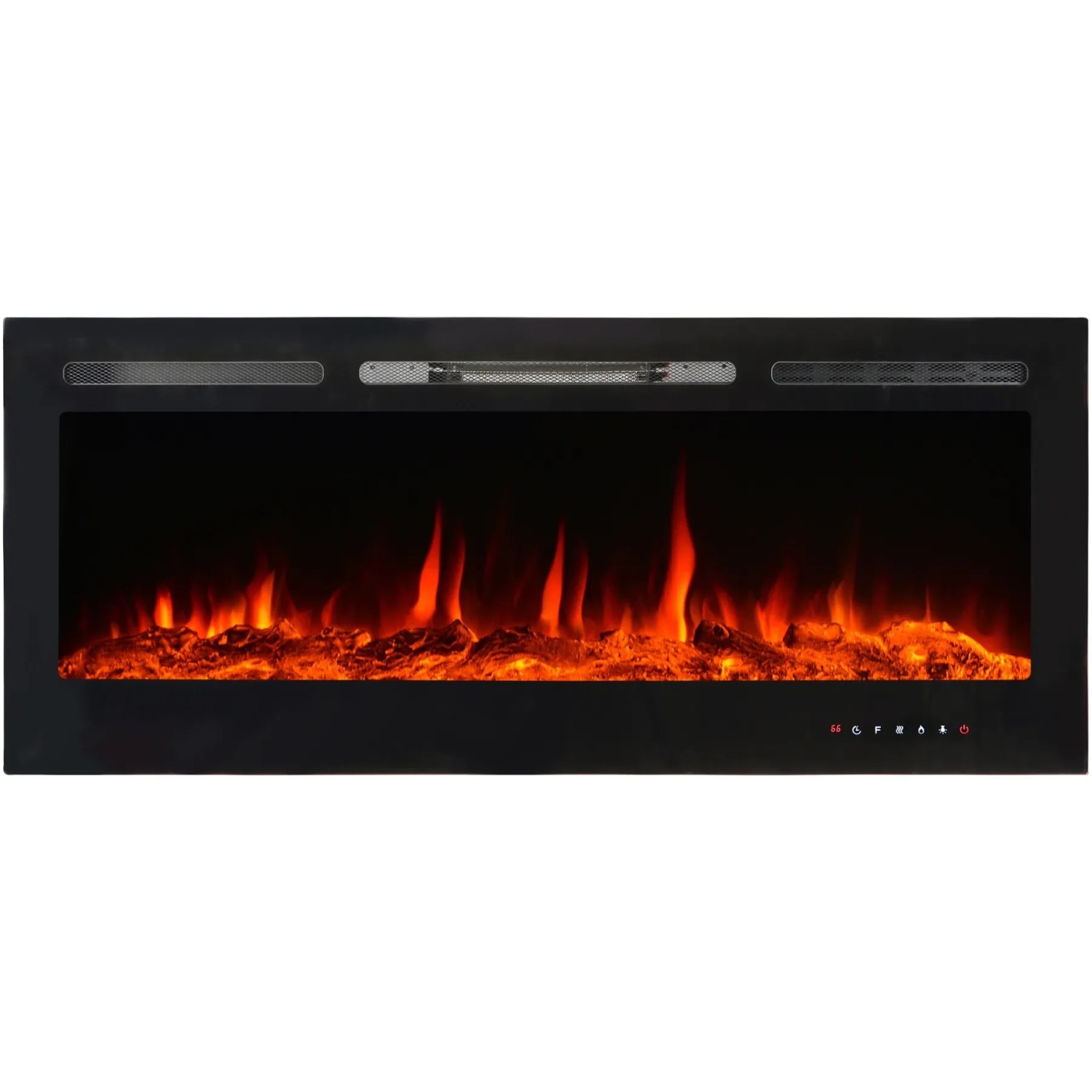 El Fuego LED Elektrokamin Luzern mit Heizung und Flammeneffekt in schwarzem Rahmen.