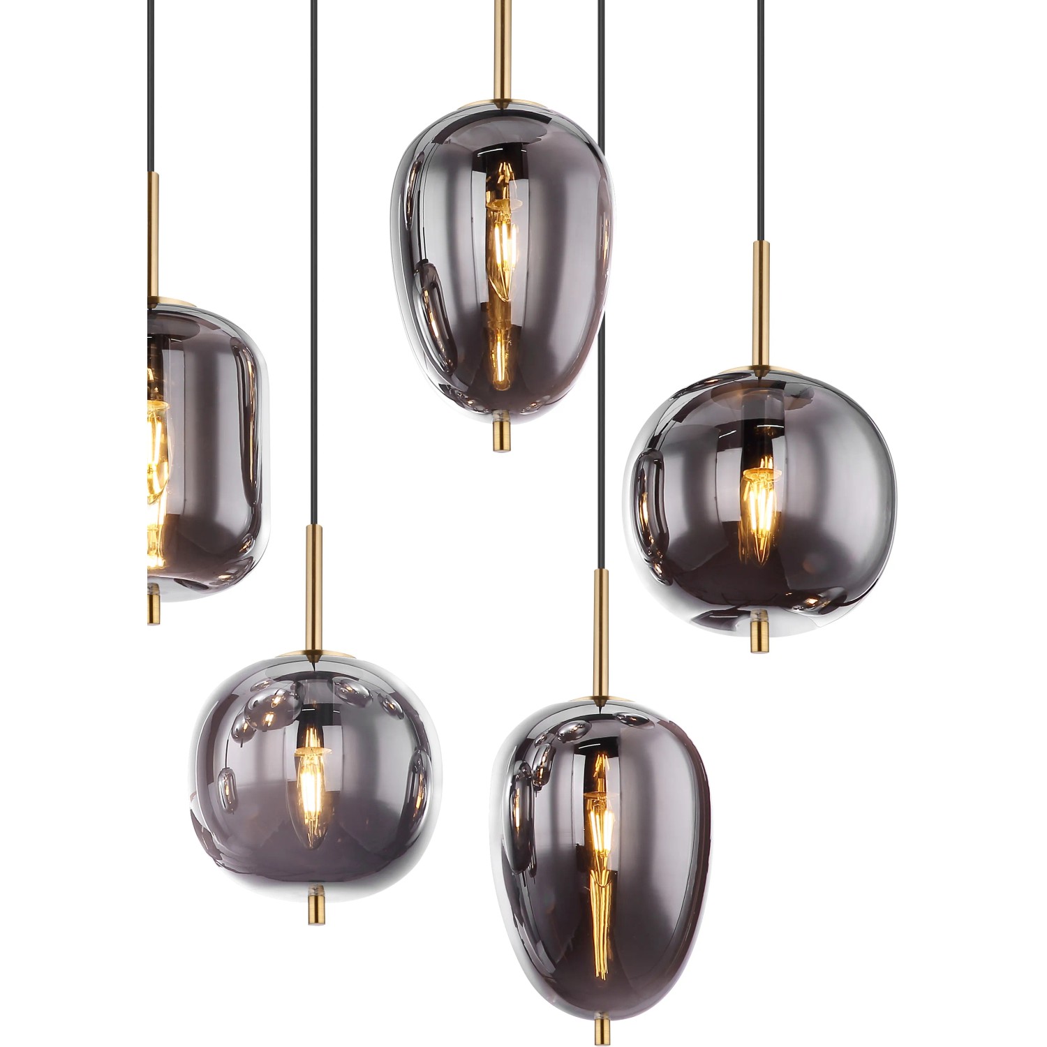 Globo Pendelleuchte Blacky I, 8-flammig, messingfarben mit rauchfarbenen Glasschirmen.