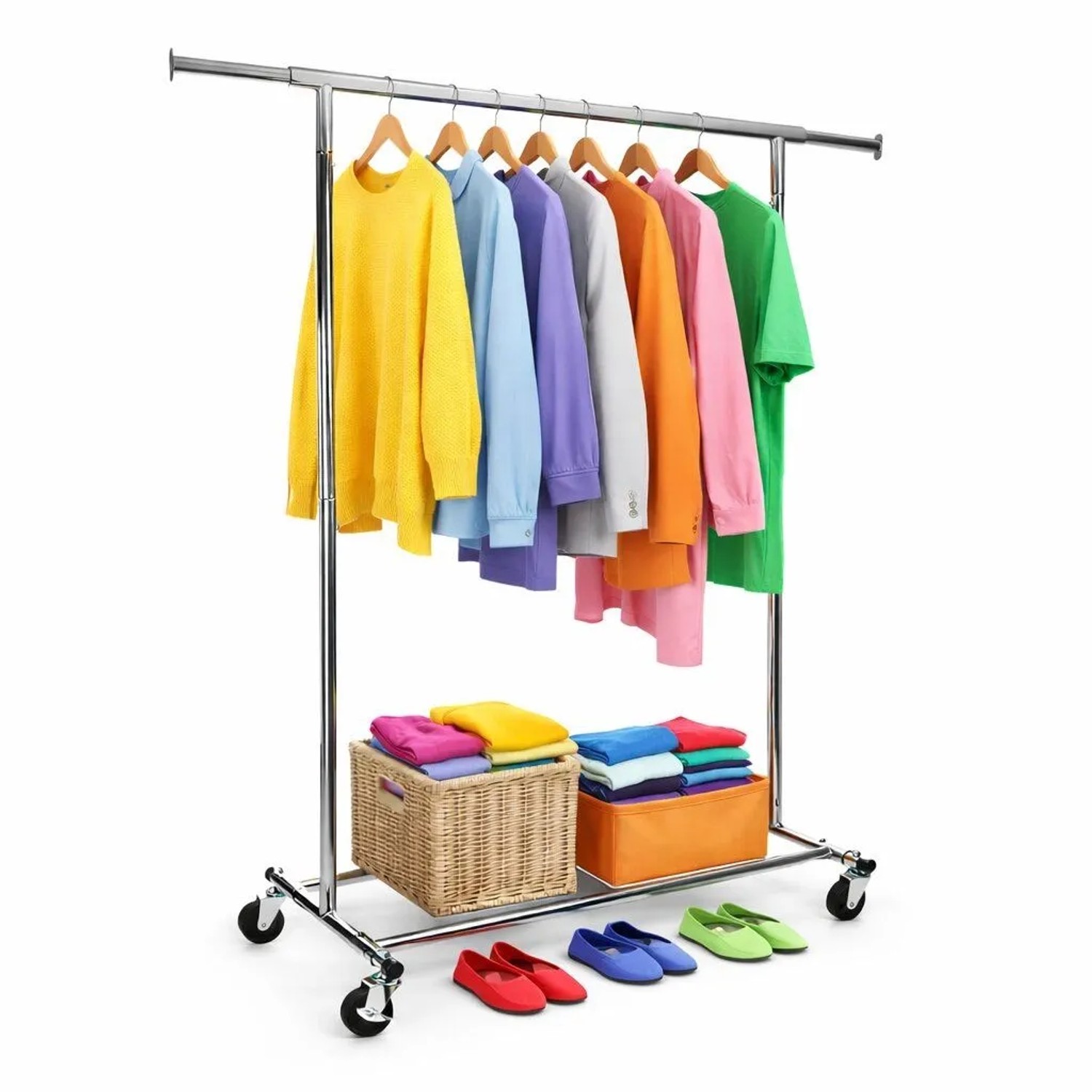 BigDean Kleiderständer auf Rollen mit Kleidung und Ablage für Textilien und Schuhe.