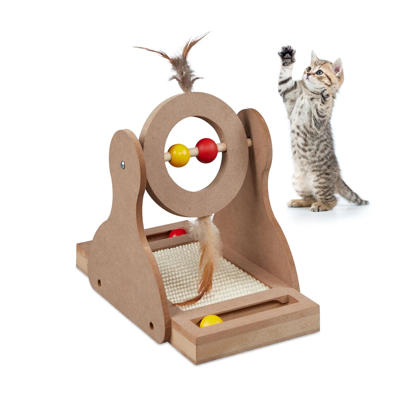 Relaxdays Katzenspielbrett MDF Sisal Natur Rot Gelb Drehbar Rutschfest 30 cm x 17 cm x 30 cm 1 kg