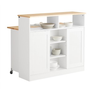 SoBuy Sideboard FSB36-WN: Kücheninsel mit Arbeitsfläche, weißer Küchenschrank mit Schiebetüren und Holzplatte.
