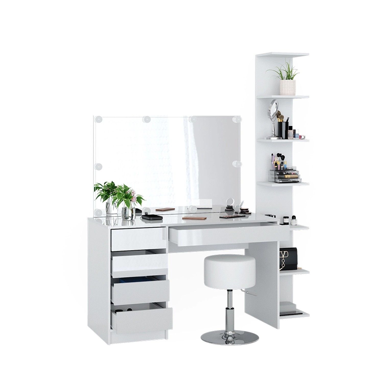 Weißer Vicco Schminktisch Sherry mit Spiegel, Hocker, LED-Lichtern und Regal.
