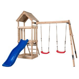 Swing King Spielturm Noa aus Holz mit blauer Rutsche und zwei roten Schaukeln.