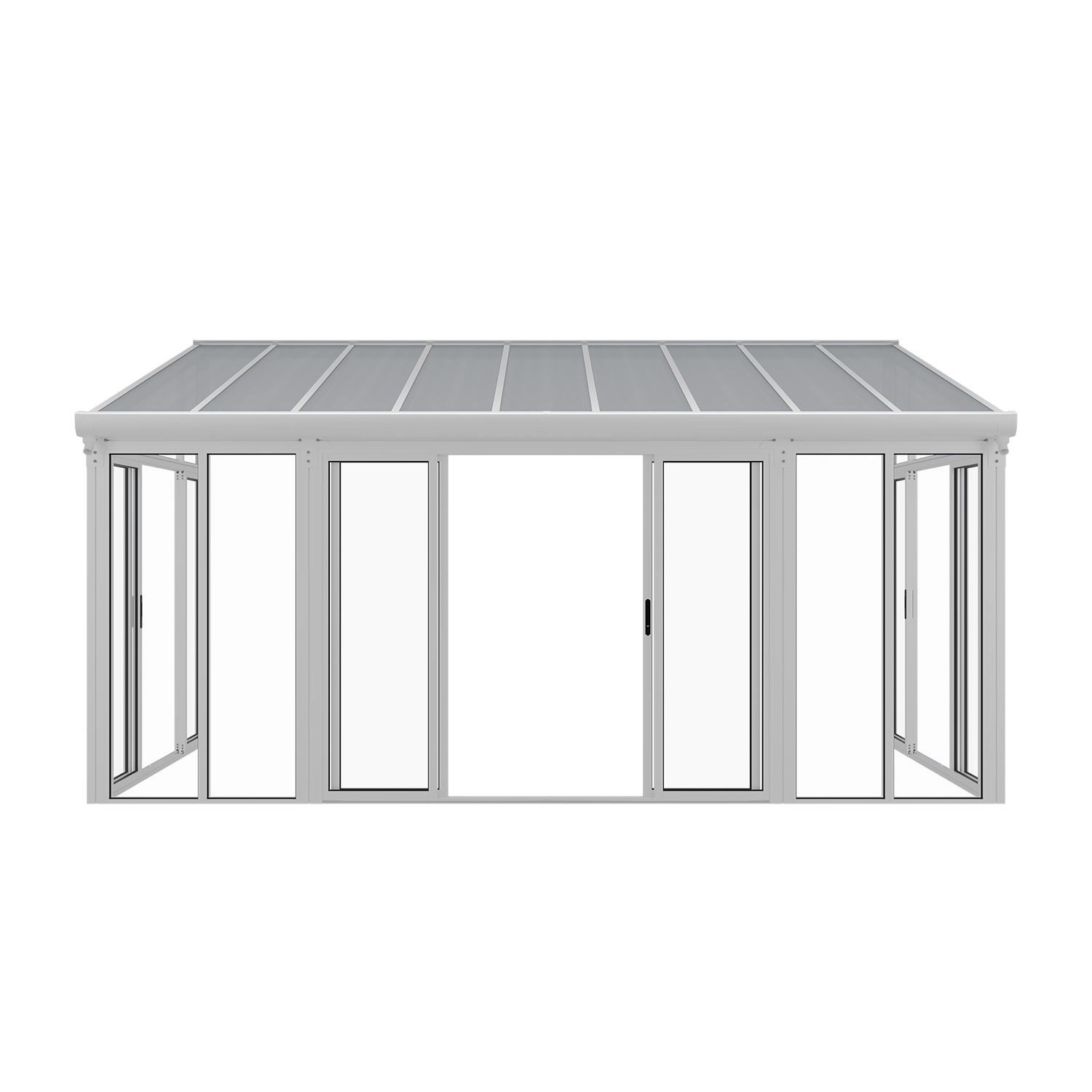 Weißer Juskys Wintergarten (292x548x312 cm) mit Schiebetüren und Polycarbonatplatten.