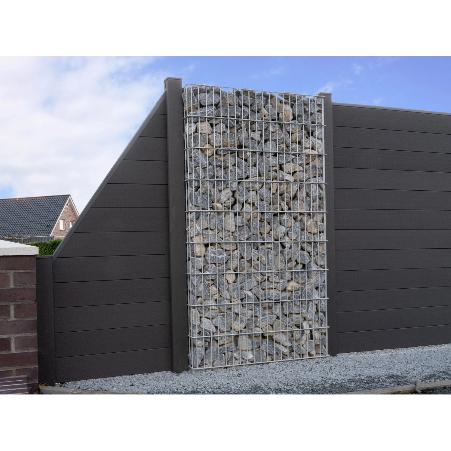 GroJaSolid Sichtschutzzaun Stecksystem, anthrazitgrau mit Gabione, 90x180/90 cm.