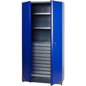 Geöffneter Küpper Materialschrank mit 10 Schubladen und Einlegeböden, blau/silber, 910 mm breit.