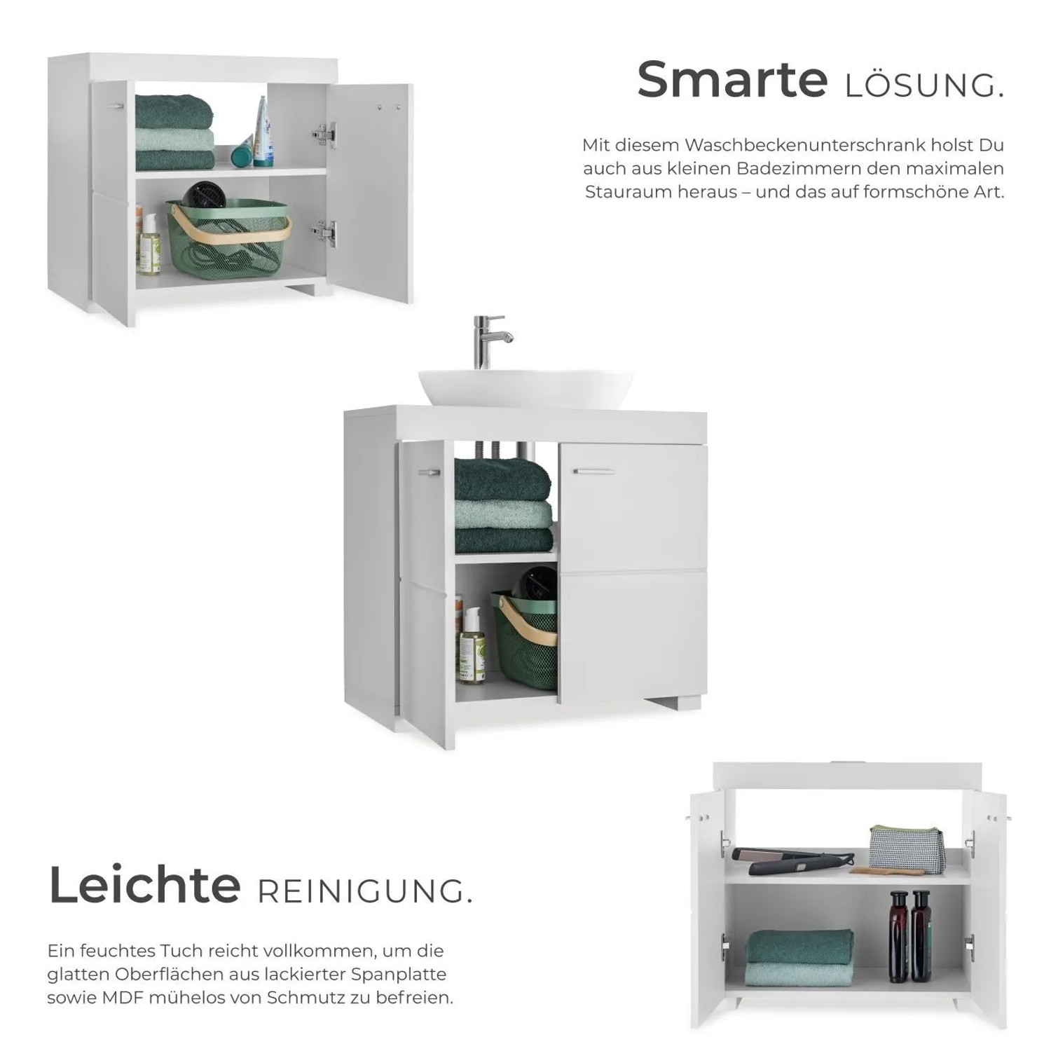 Weißer Tectake Waschbeckenunterschrank Idris mit zwei Fächern und Metallgriffen.