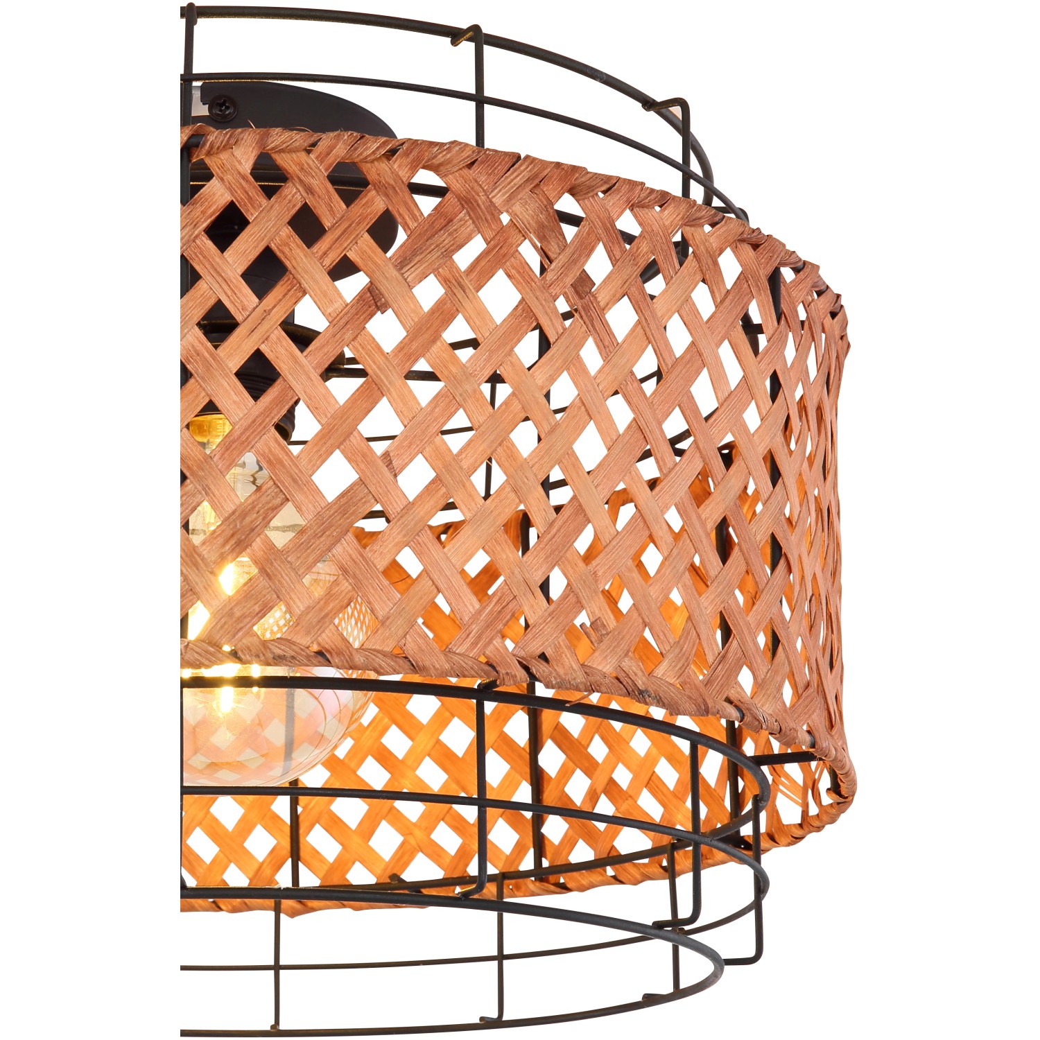 Globo Gina Deckenleuchte, Ø 35cm, Metall schwarz, Bambusgeflecht, Vintage-Stil.
