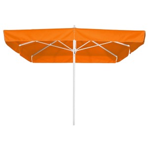 Orangefarbener Schneider Marktschirm Quadro 300x300 cm mit Seilzugmechanik.