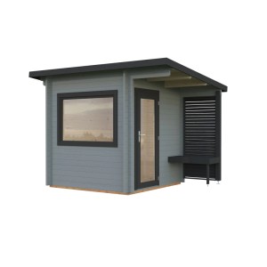 Palmako Sauna Sanna, hellgrau-anthrazit, mit Fenster, Bank und Sichtschutz für den Garten.