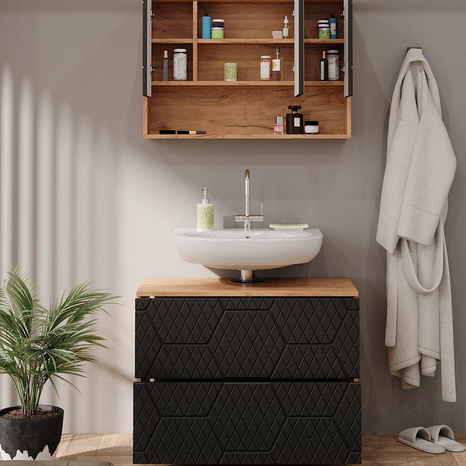 Vicco Badmöbel-Set Irma, 2-teilig, Eiche/Anthrazit: Unterschrank und Spiegelschrank für Ihr Badezimmer.