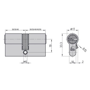 Technische Zeichnung eines Basi V55 Profil-Doppelzylinders, 35/45 mm, gleichschließend, mit Maßangaben.