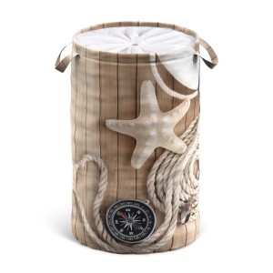 SANILO Wäschekorb Maritime mit Seestern, Kompass und Seil auf Holzoptik. Praktisch und dekorativ.