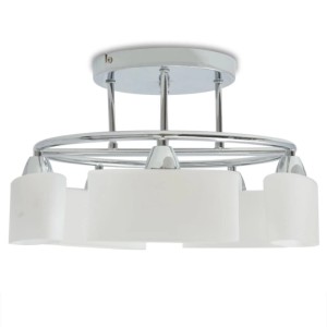 Moderne Deckenleuchte mit 5 Glaslampenschirmen und Chromgestell für E14-Lampen (max. 200W).