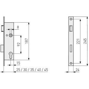 Technische Zeichnung Abus Rohrrahmentür-Einsteckschloss, Dornmaß 40mm, Maße und Details.