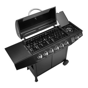 Schwarzer Taino Basic 6+1 Gasgrillwagen mit 6 Edelstahl-Brennern, Seitenkocher, Ablage und Rädern. Perfekt für BBQ.
