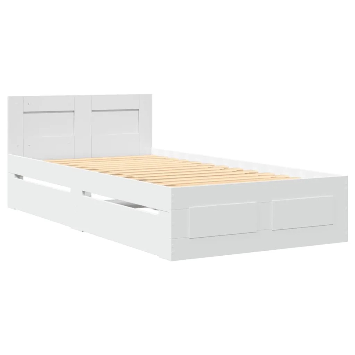 Weißes vidaXL Bettgestell 100x200 cm mit Kopfteil, Lattenrost und zwei integrierten Schubladen.