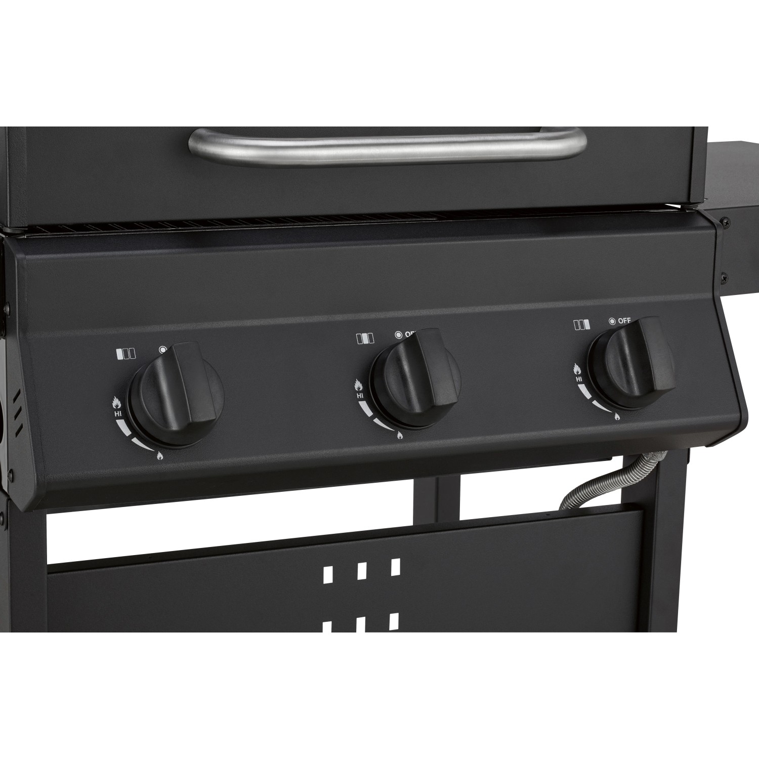 Detailansicht des schwarzen Cumbre Gasgrills mit 3 Brennern und Drehknöpfen.
