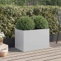 Silberner, rechteckiger Pflanzkübel aus verzinktem Stahl mit grünen Pflanzen auf Holzterrasse.